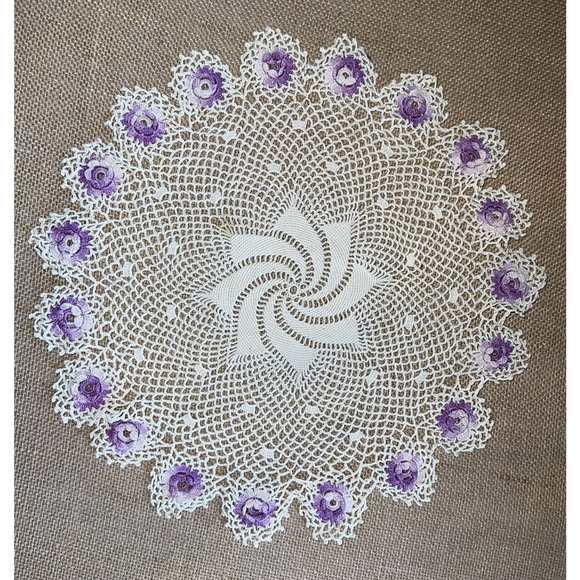 Vintage Large 13 inch Hand Crocheted Doily with Flowers - Picture 1 of 7